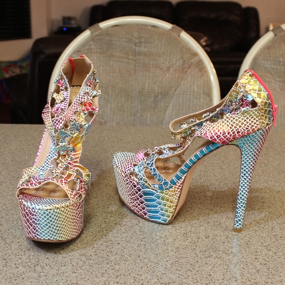 Multi_Colored Stiletto Heel Platform Sandals 12/45 - Picture 6 of 8